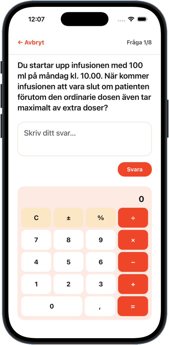 Skärmdump från Dos: en tentafråga med miniräknaren synlig bredvid